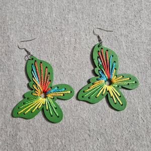 Handmade Green Butterfly with Multicolored Threaded Earrings ~ Fairy ~ Eclectic